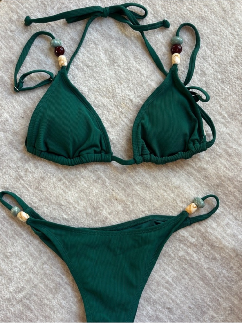 Green Ribbed Triangle Bikini Set with Bead Accents